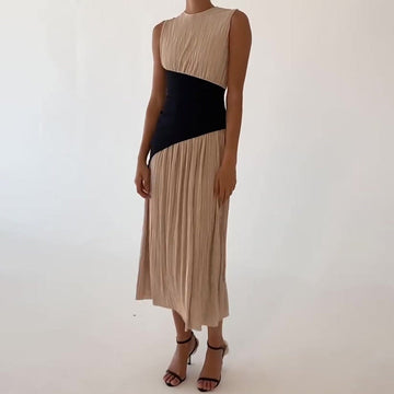 2024 Women's Clothing Folds Irregular Black Spliced Sleeveless Long Dress